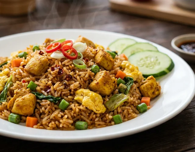 Nasi goreng ayam berwarna keperangan dengan ketulan isi ayam, telur dan kacang panjang dalam pinggan putih, dihidang bersama timun dan hirisan cili