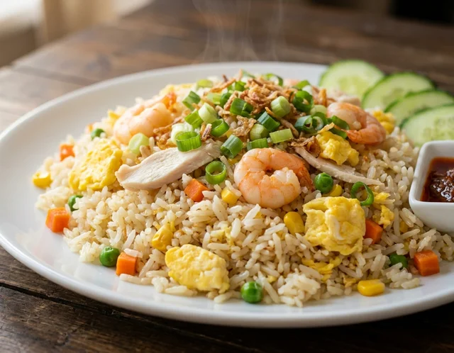 Nasi goreng cina berwarna pucat keemasan dengan ketulan telur, udang, hirisan ayam dan sayur campur, ditabur daun bawang di atas pinggan putih