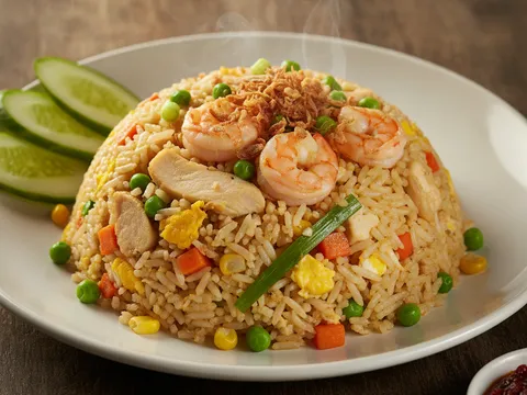 Minyak bijan direnjis ke atas nasi goreng cina siap dan ditabur daun bawang hijau serta bawang goreng sebelum dihidang