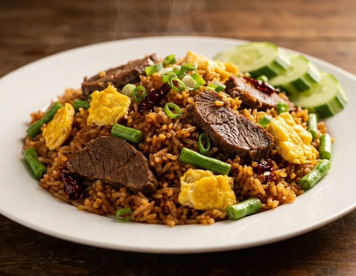 Sepinggan nasi goreng daging berwarna merah kecoklatan dengan hirisan daging lembu, kacang panjang dan daun bawang, dihidang bersama hirisan timun