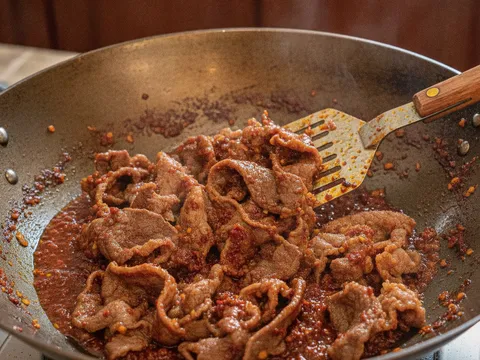 Hirisan daging lembu digaul ke dalam sambal cili kering bersama kicap pekat dalam kuali