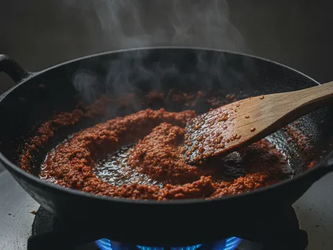 Sambal tumbuk ditumis dalam kuali sehingga pecah minyak, minyak merah naik ke permukaan