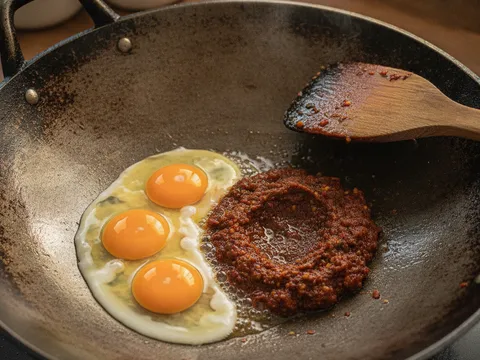 Telur dipecahkan ke dalam kuali bersama sambal tumis dan dikacau separa masak