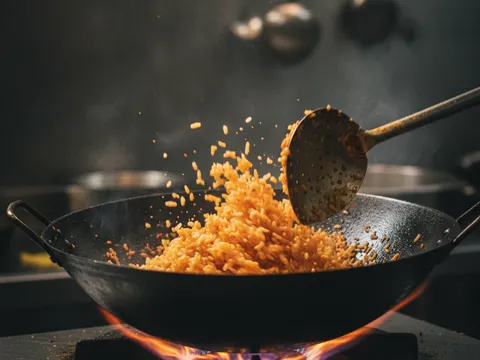 Nasi digoreng dengan api besar dalam kuali, setiap butir bersalut sambal merah dan berderai