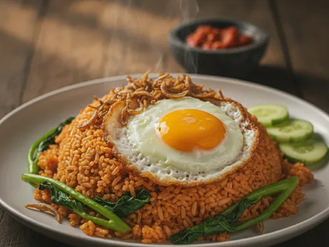 Nasi goreng kampung siap dihidang dengan kangkung hijau, ikan bilis rangup dan telur mata kerbau