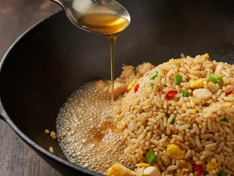 Sos ikan dicurah di tepi wok panas sehingga berbuih dan berkaramel sebelum digaul dengan nasi goreng