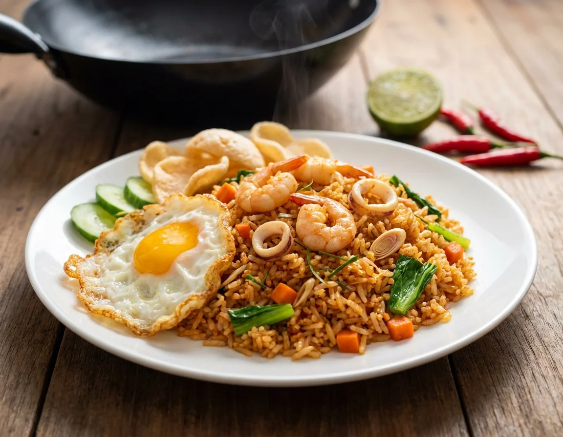 Nasi goreng tomyam kemerahan dengan udang, sotong, hirisan serai dan daun limau purut, dihidang di atas pinggan bersama telur mata dan keropok keping
