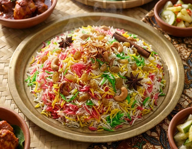 Nasi hujan panas berjalur merah, kuning dan hijau di atas dulang kenduri, ditabur bawang goreng, kismis dan gajus