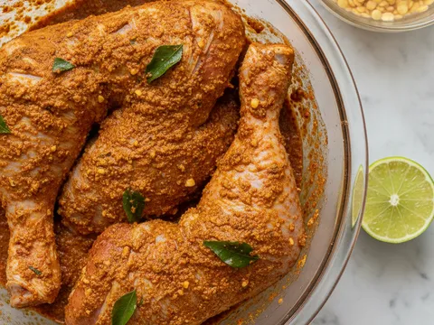 Ketul ayam digaul dengan perapan rempah kari berwarna merah keemasan dan daun kari dalam mangkuk