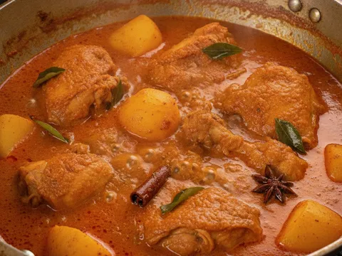 Kari ayam mendidih perlahan dalam periuk dengan kentang, daun kari dan minyak merah di permukaan