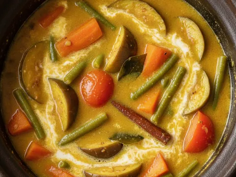 Kuah dalca kuning keemasan dengan terung, lobak merah, kacang panjang dan tomato dalam periuk