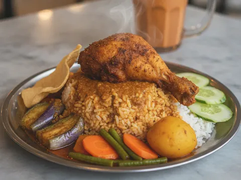 Hidangan nasi kandar lengkap dengan ayam goreng berempah, sayur dalca dan kuah campur di atas pinggan