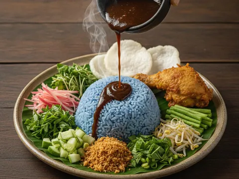Hidangan lengkap nasi kerabu dengan nasi biru, ulam hiris, sambal kelapa, ayam goreng dan kuah budu tersusun dalam pinggan