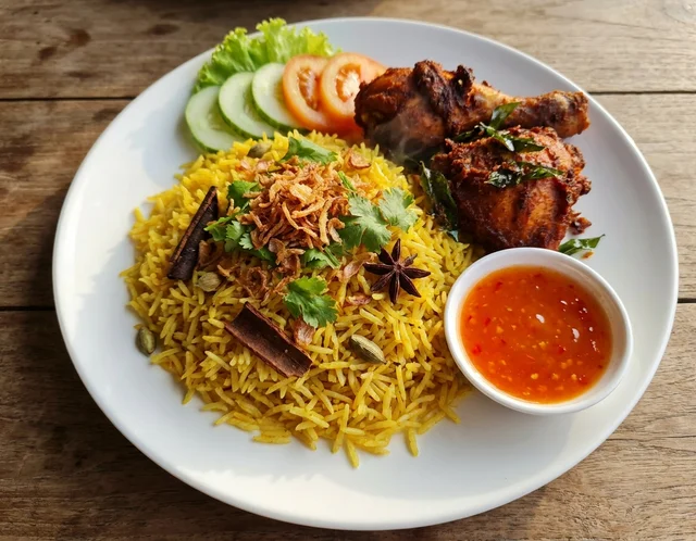 Sepinggan nasi khao mok gai kuning berempah dengan ayam goreng garing, hirisan timun dan tomato serta sos cicah cili merah di tepi