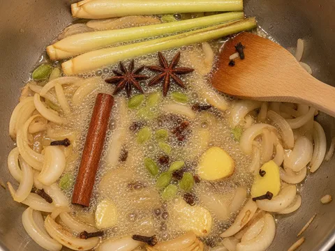 Kulit kayu manis, bunga lawang, buah pelaga dan cengkih ditumis bersama hirisan bawang dan halia dalam periuk