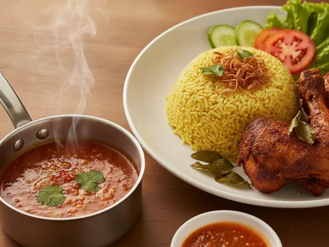 Sos cicah cili merah pekat dalam mangkuk kecil ditabur daun ketumbar, di sebelah pinggan nasi khao mok dan ayam goreng