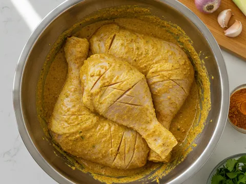 Ketul ayam whole leg bersalut pes rempah basah berwarna kuning jingga pekat dengan daun kari dalam mangkuk