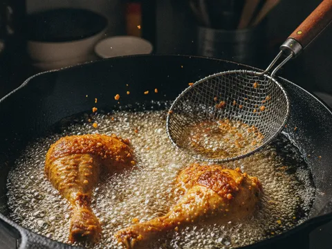 Ayam berempah kunyit digoreng keemasan dalam kuali minyak panas berbuih