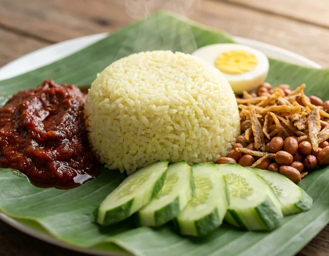 Nasi Lemak Bungkus Tradisional dengan sambal, ikan bilis, kacang dan telur di atas daun pisang