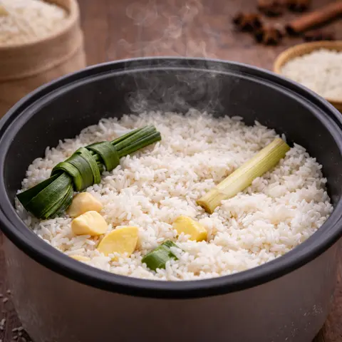 Nasi lemak sedang dimasak dalam periuk nasi