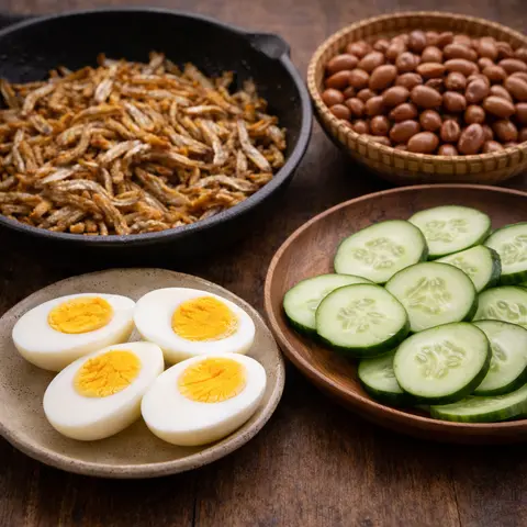 Pelengkap nasi lemak - ikan bilis rangup, kacang, telur dan timun