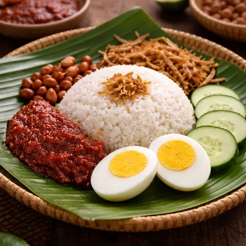 Nasi Lemak lengkap siap dihidangkan