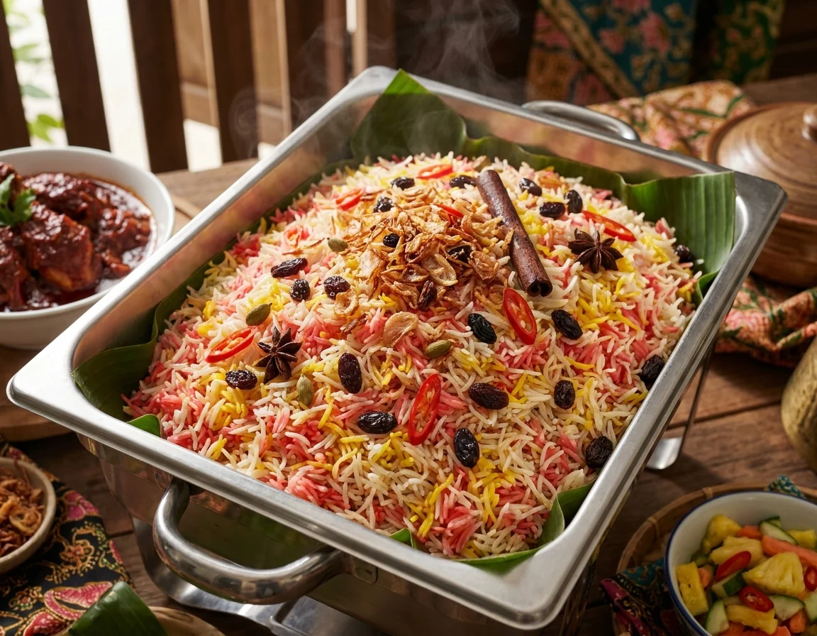 Nasi minyak kenduri berwarna kuning dan merah jambu bertabur bawang goreng dan kismis, dihidang dalam dulang bersama ayam masak merah