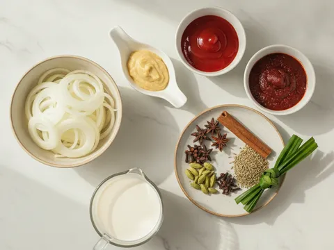 Bahan nasi tomato disusun — bawang besar dihiris, pes bawang putih halia, sos tomato, pes tomato, susu cair dan rempah dalam bekas kecil