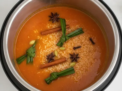 Beras basmathi bersama kuah tomato oren kemerahan dan daun pandan dalam periuk nasi elektrik sedia dimasak