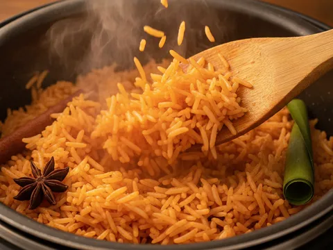 Nasi tomato oren kemerahan yang gebu digemburkan dengan senduk dalam periuk, butiran basmathi panjang dan terpisah