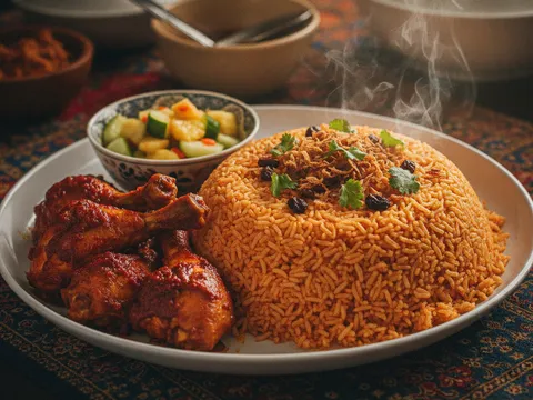 Nasi tomato siap dihidang dalam dulang bersama ayam masak merah, ditabur bawang goreng, kismis dan daun ketumbar
