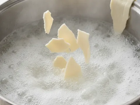 Kepingan doh pan mee dikoyak nipis jatuh ke dalam periuk air mendidih