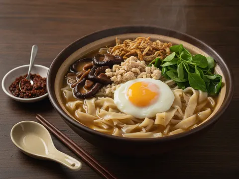 Mangkuk pan mee lengkap dengan topping cendawan, ayam, telur, ikan bilis dan sambal cili kering