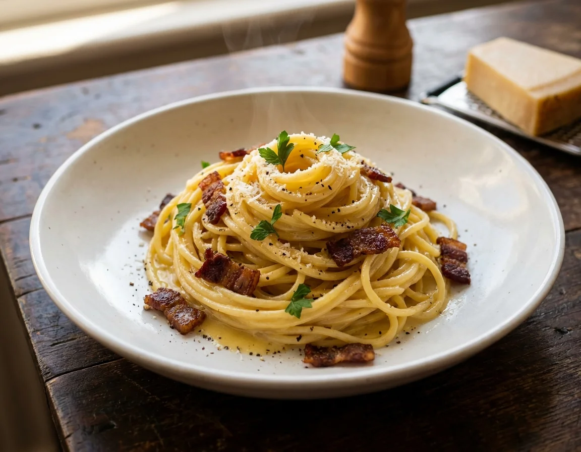 Pasta carbonara bersalut sos kuning telur pekat dalam pinggan putih, bertabur streaky beef garing, parutan keju parmesan dan lada hitam kisar kasar
