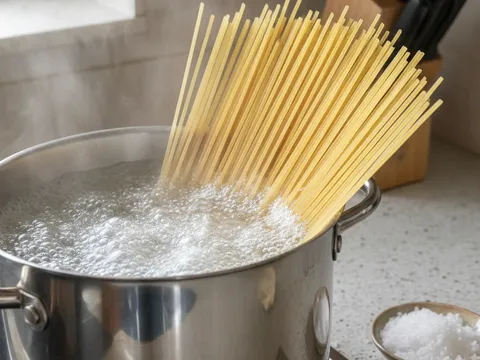 Spageti kering dimasukkan ke dalam periuk besar berisi air mendidih bergaram