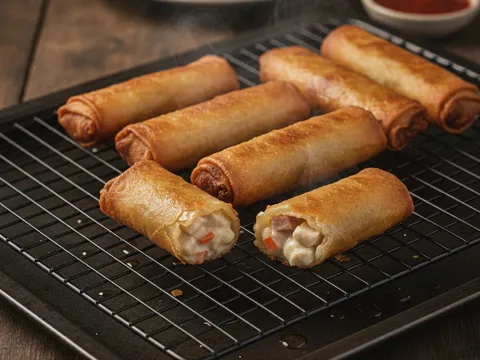 Popia carbonara goreng ditoskan di atas redai dawai selepas diangkat dari minyak