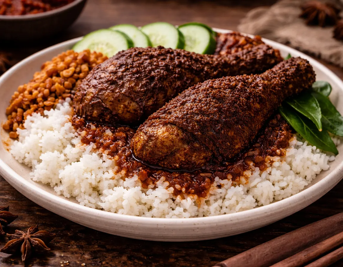 Rendang Ayam pekat berwarna coklat kemerahan dengan daun limau purut