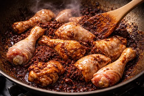 Ketul ayam dimasukkan dan diaduk dengan rempah kisar dalam kuali