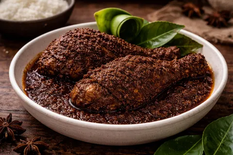 Rendang Ayam siap dihidangkan dalam mangkuk dengan warna coklat pekat