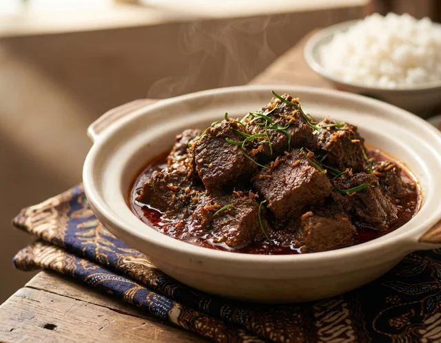 Rendang Daging Tradisional coklat gelap dengan daun limau purut dan kerisik