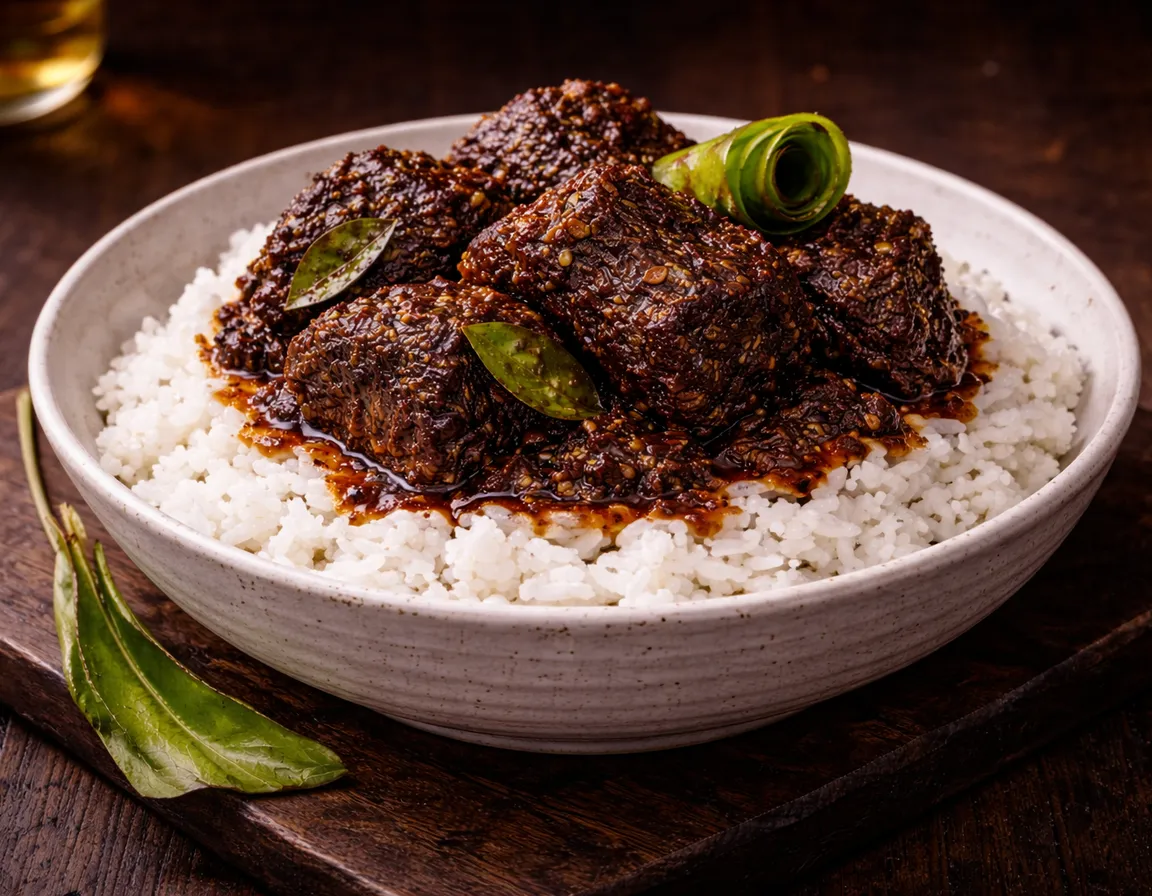Rendang Daging Tradisional coklat gelap dengan daun limau purut dan kerisik