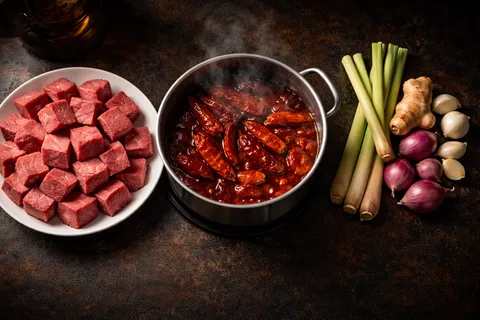 Daging lembu dipotong kiub besar dan cili kering direbus