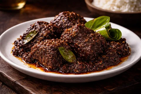 Rendang Daging siap dengan warna coklat gelap pekat dihidang dengan nasi
