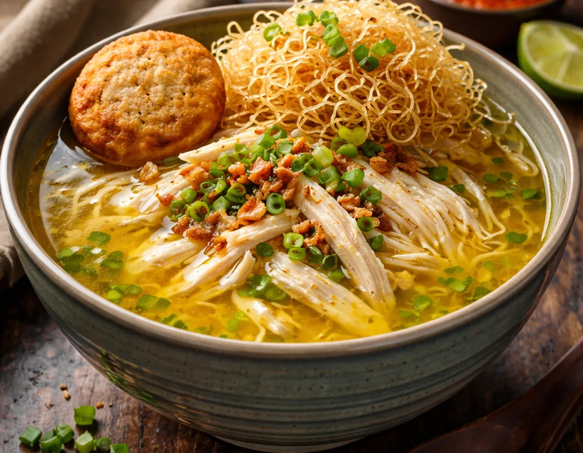 Soto Ayam Malaysia dalam mangkuk — kuah kuning bening harum dengan ayam carik, bihun, taugeh, telur rebus dan bawang goreng