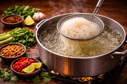 Kuah soto ayam kuning bening mendidih perlahan dalam periuk besar dengan rempah yang meresap sempurna