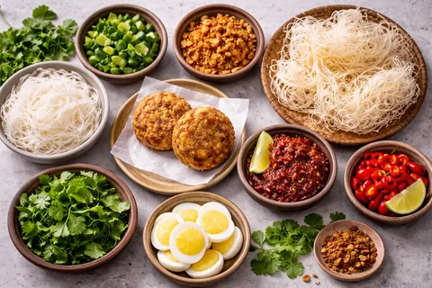 Bihun digoreng dalam minyak panas sehingga kembang rangup putih — topping khas soto ayam Malaysia