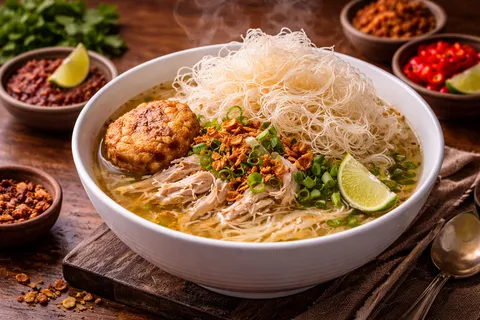 Mangkuk soto ayam siap dihidang — kuah kuning bening dengan ayam carik, bihun, taugeh, telur rebus dan bawang goreng