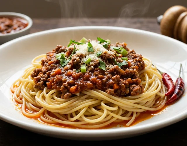Spaghetti bolognese halal dengan sos daging cincang pekat merah, ditabur keju parut dan daun sup di dalam pinggan putih