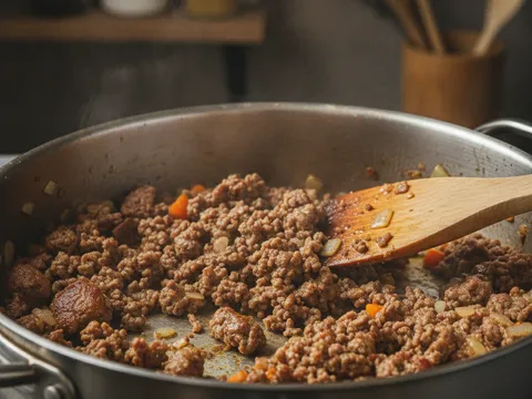 Daging lembu cincang dimasak keperangan dalam periuk sambil dipecahkan dengan senduk kayu