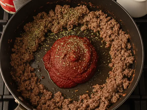 Pes tomato merah gelap ditumis di tengah periuk dengan daging cincang ditolak ke tepi, ditabur oregano dan basil kering sebelum tomato tin dimasukkan